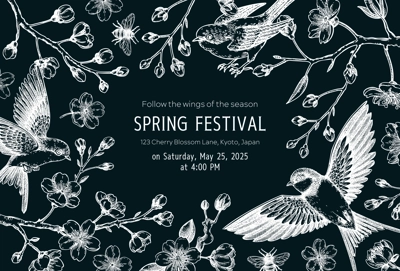 Hand drawn spring background. Cherry blossom frame design. Sakura flower, flying bird chalk drawings. NOT AI generated